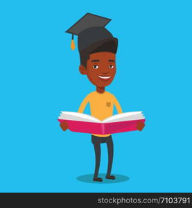 Happy graduate standing with a big open book in hands. Smiling male student in graduation cap reading a book. An african-american man holding a book. Vector flat design illustration. Square layout.. Graduate with book in hands vector illustration.