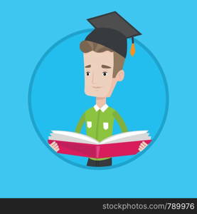 Happy graduate standing with a big open book in hands. Smiling male student in graduation cap reading a book. Man holding a book. Vector flat design illustration in the circle isolated on background.. Graduate with book in hands vector illustration.