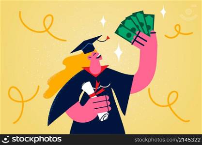 Happy graduate student in mantle and certificate get scholarship. Smiling girl in robe at college graduation hold money receive financial award or grant. Education and knowledge. Vector illustration. . Happy graduate student in robe get scholarship