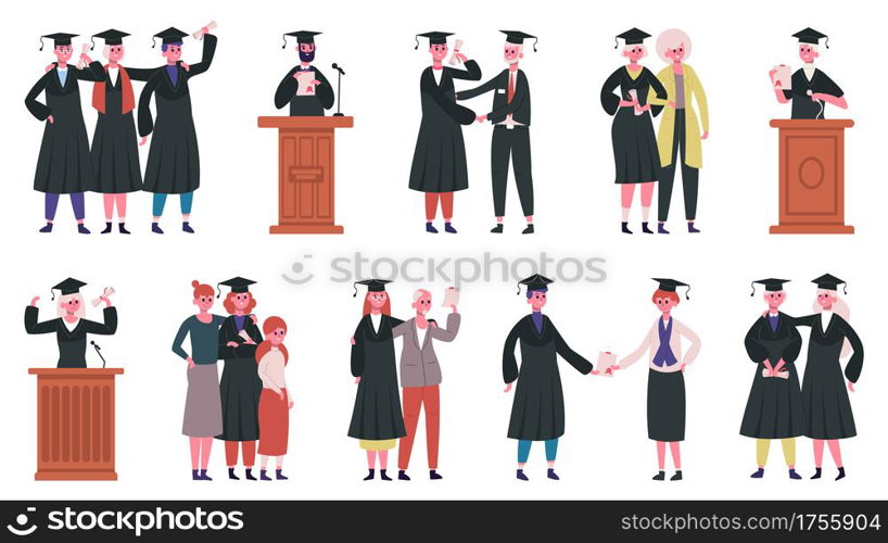 Happy graduate students. College graduates at diploma certificate ceremony, on tribune, celebrating with friends and families vector illustration set. Hugging with relative, giving speech. Happy graduate students. College graduates at diploma certificate ceremony, on tribune, celebrating with friends and families vector illustration set