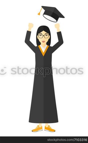 Happy graduate throwing up her hat vector flat design illustration isolated on white background. . Graduate throwing up her hat.