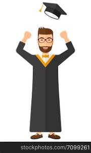 Happy graduate throwing up his hat vector flat design illustration isolated on white background. Vertical layout.. Graduate throwing up his hat.