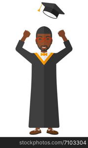 Happy graduate throwing up his hat vector flat design illustration isolated on white background. . Graduate throwing up his hat.