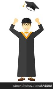 Happy graduate throwing up his hat vector flat design illustration isolated on white background. . Graduate throwing up his hat.