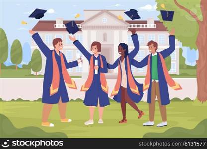 Happy graduating students at university flat color vector illustration. Education system. Fully editable 2D simple cartoon characters with c&us building on background. Cardo font used. Happy graduating students at university flat color vector illustration