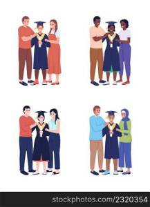 Happy graduation celebration semi flat color vector characters set. Standing figures. Full body people on white. Ceremony simple cartoon style illustration for web graphic design and animation pack. Happy graduation celebration semi flat color vector characters set