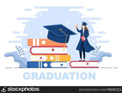 Happy Graduation Day of Students Celebrating Background Vector Illustration Wearing Academic Dress, Graduate Cap and Holding Diploma in Flat Style