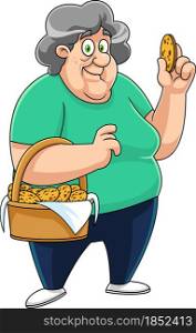 Happy Grandma Cartoon Character With A Basket Of Homemade Cookies. Vector Hand Drawn Illustration Isolated On Transparent Background