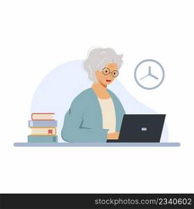 happy grandmother with laptop. Elderly woman is taking  online course. Distance learning for all ages.