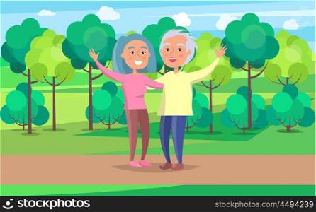Happy Grandparent Senior Couple Wave Hands in Park. Happy grandparents senior couple wave hands on background of green trees in park vector illustration. Mature people together on walk