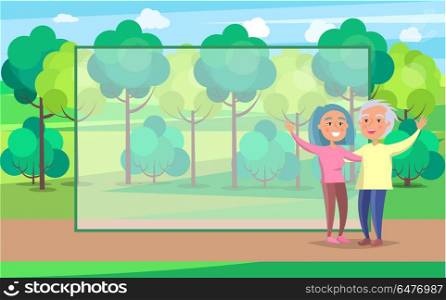 Happy Grandparent Senior Couple Wave Hands in Park. Mature people together wave hands and walk with kids on background of green trees in park set of vector with frame for text in cartoon style.