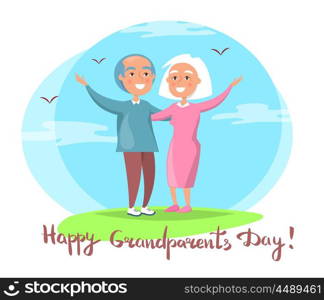 Happy Grandparents Day Couple Together Outdoors. Happy grandparents day poster with senior couple spending time together outdoors, birds flying in sky vector illustration postcard in circle on white