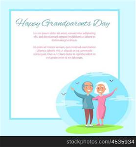 Happy Grandparents Day Couple Together Outdoors. Happy grandparents day poster with senior couple spending time together outdoors, birds flying in sky vector with place for text in frame
