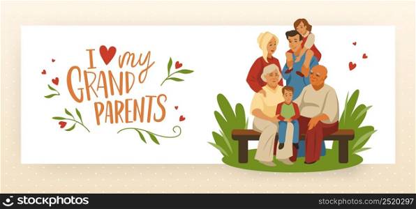 Happy grandparents Day. Grandma and grandfather happy background. Senior parents with kids and grandchildren on park bench. Relatives relationship. Vector cartoon multi generation family illustration. Happy grandparents Day. Grandma and grandfather happy background. Senior parents with kids and grandchildren on bench. Relatives relationship. Vector multi generation family illustration