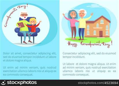 Happy Grandparents Day Grandpa Reading to Grandson. Happy grandparents day poster with senior man reading book to grandson and mature couple near house vector illustrations set with text