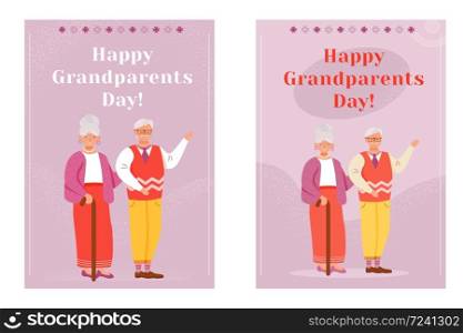 Happy grandparents day greeting card flat vector templates set. Smiling gray haired grandfather and grandmother. Older persons day postcard design layout. Poster with cartoon characters and lettering
