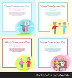 Happy Grandparents Day Posters Set Senior Couple. Happy grandparents day posters set with happy senior couple on nature, giving presents to each other, holding hands, knitting and reading book on sofa vector