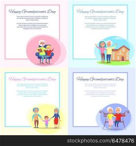 Happy Grandparents Day Posters Set Senior Couple. Happy grandparents day posters set with grandpa reading to grandson, happy couple near house, walking with child and sitting on bench vector