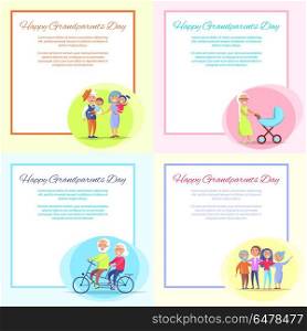 Happy Grandparents Day Posters Set Senior Couple. Happy grandparents day posters set with happy senior couple holding babies, carrying pram, riding bike and having fun with children vector
