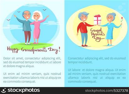 Happy Grandparents Day Posters with Senior Couples. Happy grandparents day poster with senior couple giving presents to each other, waving hands to flying birds vector with place for text in frame