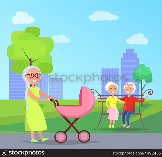 Happy Grandparents Day Senior Couple on Bench. Middle-aged couple sitting on bench together, granny walk with newborn infant carrying her in pram on background of skyscrapers in city park vector