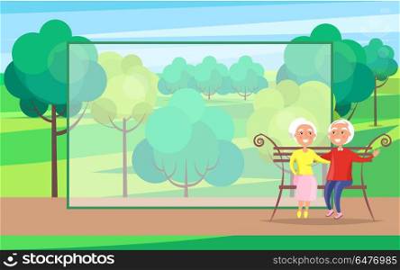 Happy Grandparents Day Senior Couple on Bench. Middle-aged couple sitting on bench together, old husband and wife on background of green trees in park vector with frame for text