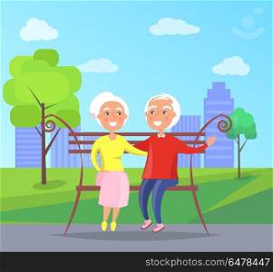Happy Grandparents Day Senior Couple on Bench. Middle-aged couple sitting on bench together, old husband and wife on background of skyscrapers in city park vector illustration