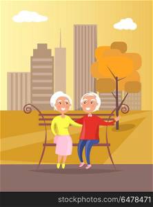 Happy Grandparents Day Senior Couple on Bench. Middle-aged couple sitting on bench together, old husband and wife on background of skyscrapers in city park at sunset vector illustration
