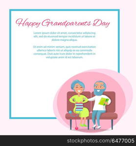 Happy Grandparents Day Senior Couple Sit Together. Happy grandparents day poster with senior lady knitting and gentleman reading on sofa, couple sit together vector with place for text in frame