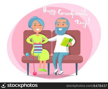 Happy Grandparents Day Senior Couple Sit Together. Happy grandparents day poster with senior lady knitting and gentleman reading on sofa, couple sit together vector illustration postcard in circle on white