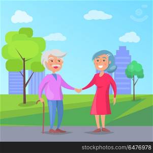 Happy Grandparents Day Senior Couple Walk Together. Happy grandparents senior lady and gentleman with stick walk together holding hands on background of skyscrapers in city park vector illustration