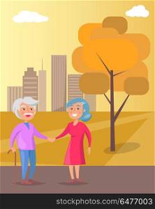 Happy Grandparents Day Senior Couple Walk Together. Happy grandparents senior lady and gentleman with stick walk together holding hands on background of skyscrapers in city park at sunset vector