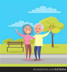 Happy Grandparents Day Senior Couple Walk Together. Happy grandparents senior lady and gentleman with stick walk together holding hands on background of bench and green tree in city park vector illustration