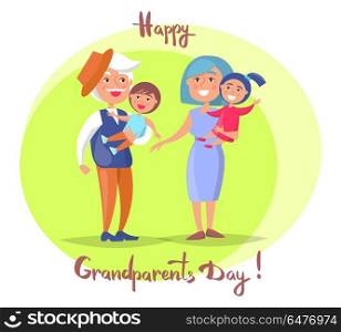 Happy Grandparents Day Senior Couple with Children. Happy grandparents day poster with senior couple holding children on hand, grandpa and grandma with kids vector illustration postcard in circle on white