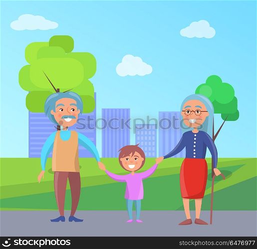 Happy Grandparents Day Senior Couple with Grandson. Happy grandparents senior couple walking with grandson holding hands on background of skyscrapers in city park vector illustration