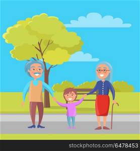 Happy Grandparents Day Senior Couple with Grandson. Happy grandparents senior couple walking with grandson holding hands on background of bench and green tree in city park vector illustration