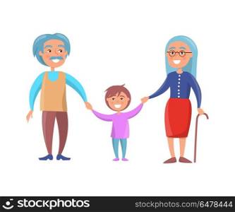 Happy Grandparents Day Senior Couple with Grandson. Old couple walking with grandson holding hands vector illustration isolated on white background. Grandmother with stick and grandpa with moustaches
