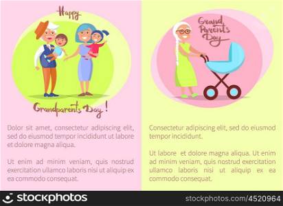 Happy Grandparents Day Senior Couplea and Kids. Happy grandparents day poster with senior lady with trolley pram taking care about newborn child and old couple with kids vector illustrations set