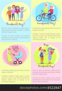 Happy Grandparents Day Senior Couples and Children. Happy grandparents day poster with senior couple riding on bike and having fun with grown up children, taking care about kids vector illustrations set