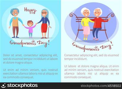 Happy Grandparents Day Senior Couples Collection. Happy grandparents day poster with senior couple sitting on bench together, old husband and wife walking with grandson vector illustrations set
