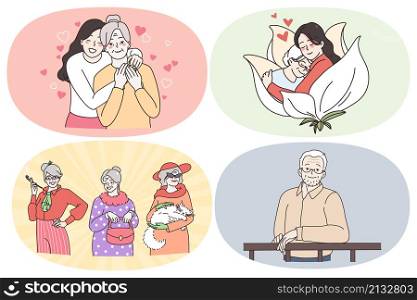 Happy grandparents getting care concept. Set of positive smiling mature people grandparents hugging grandkids feeling support and love wearing fashionable clothes vector illustration. Happy grandparents getting care concept