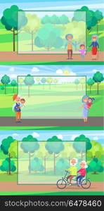 Happy Grandparents Old Couple Wave Hands and Walk. Happy grandparents senior couple wave hands and walk with kids on background of green trees in park set of vectors. Mature people together with frame for text