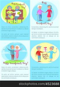 Happy Grandparents Senior Couple Daily Activities. Happy grandparents day poster with senior couple giving presents to each other, doing daily activities and walking together set of vector illustrations
