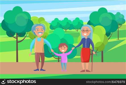 Happy Grandparents Senior Couple Walking with Grandson. Happy grandparents senior couple walking with grandson holding hands on background of green trees in park vector illustration