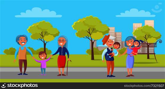 Happy grandparents senior couple walking with grandson holding boy and girl on hands on background of skyscrapers in city park vector illustration. Happy Grandparent Senior Couple with Grandchildren