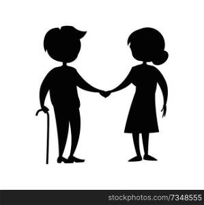 Happy grandparents senior lady and gentleman with stick walk together holding hands vector colorless illustration black silhouette isolated on white. Happy Grandparents Lady and Gentleman with Stick