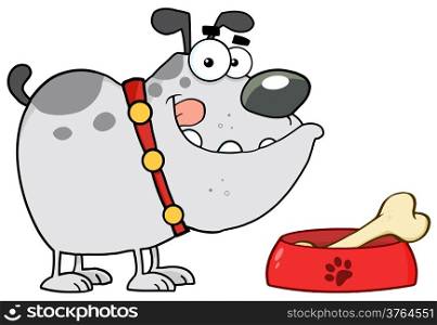 Happy Gray Bulldog With Bowl And Bone
