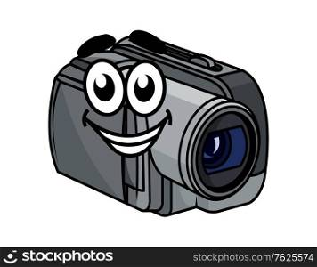 Happy gray colored cartoon video camera with cute smiling face isolated on white background. Happy gray cartoon video camera