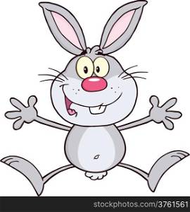 Happy Gray Rabbit Cartoon Character Jumping