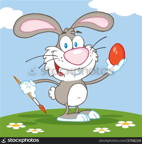 Happy Gray Rabbit Painting Easter Egg
